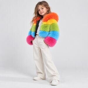 DV8 by Kimono Kids Dave Minion Crop Rainbow Faux Fur Bolero Hooded Coat 4-6Y